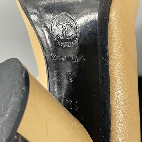 Authentic Chanel Tan and Black Cap-Toe Pumps,  Size 36 - Picture 10 of 12